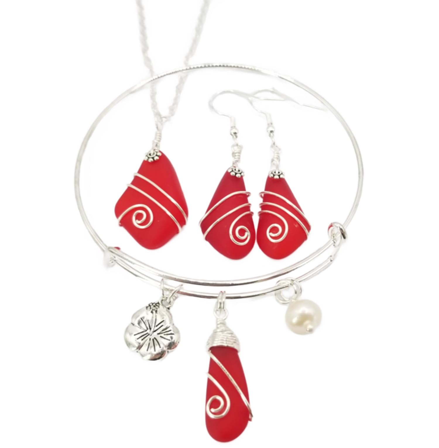 Wire Wrapped Red Sea Glass Jewelry Set - Necklace, Earrings & Bracelet with January Birthstone, Hibiscus Charm & Natural Pearl | Hawaiian Gift, Customizable Message - Perfect for Birthdays, Anniversaries & Beach Weddings