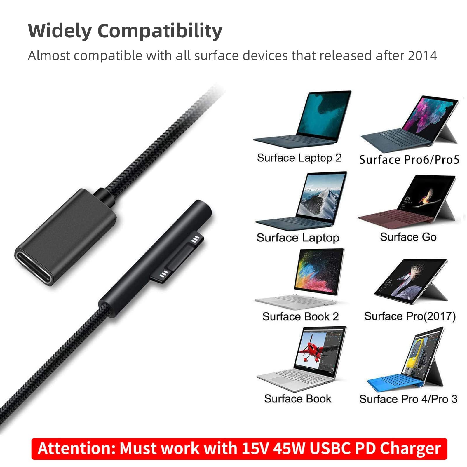 Premium Nylon Braided USB-C to Surface Connect Charging Cable - Compatible with Microsoft Surface Pro 7/6/5/4/3, Surface Go 2, Surface Laptop 1/2/3 & Surface Book - Fast Charging 45W 15V3A PD - 0.2m Short Cable for Home, Office & Travel Use