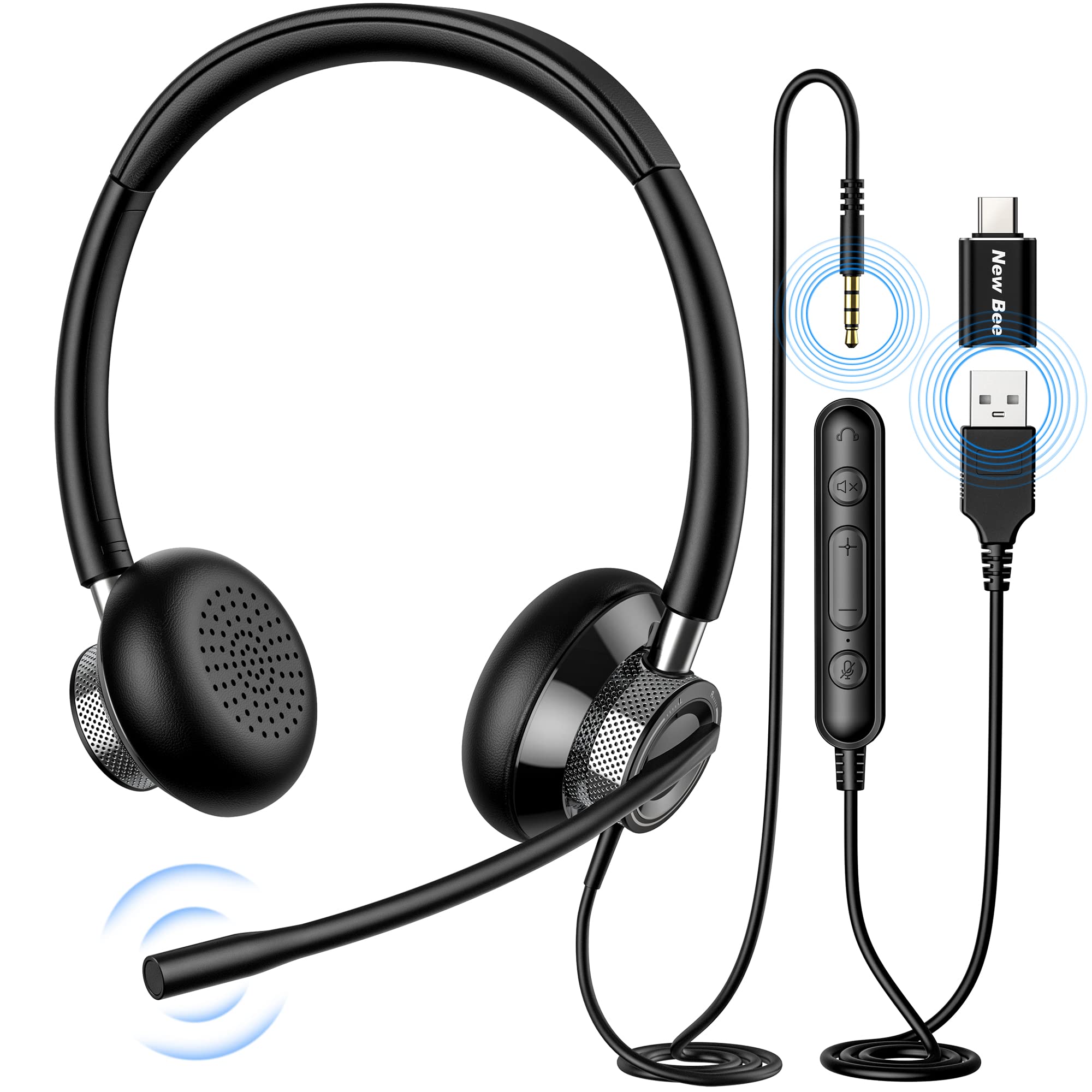 New Bee USB Headset with Microphone - Flexible L/R Side, Super Lightweight Wired Office Headset for PC & Laptop - Perfect for Skype, Zoom, Call Center, Meetings, Webinars & Home Office Use