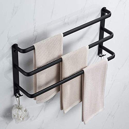 DLPPPA Black Wall-Mounted 3-Tier Towel Rack with Hooks - 40cm Bathroom Towel Holder for Bath, Kitchen & Laundry Room - Space-Saving Shelf Organizer with 2 Installation Options