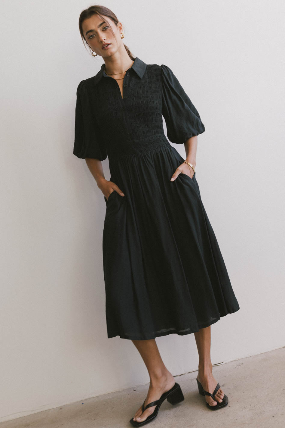 Belen Midi Dress in Dark Teal - Women's Flowy Summer Dress with V-Neck & Short Sleeves - Perfect for Beach Vacations, Date Nights & Casual Outings