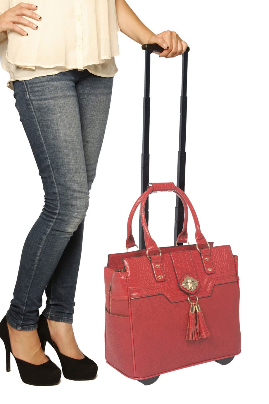 JKM & Company Alligator Print Rolling Tote Bag - Compatible with Laptop, iPad, Tablet - Business Briefcase & Travel Carryall for Work, Office & Commuting