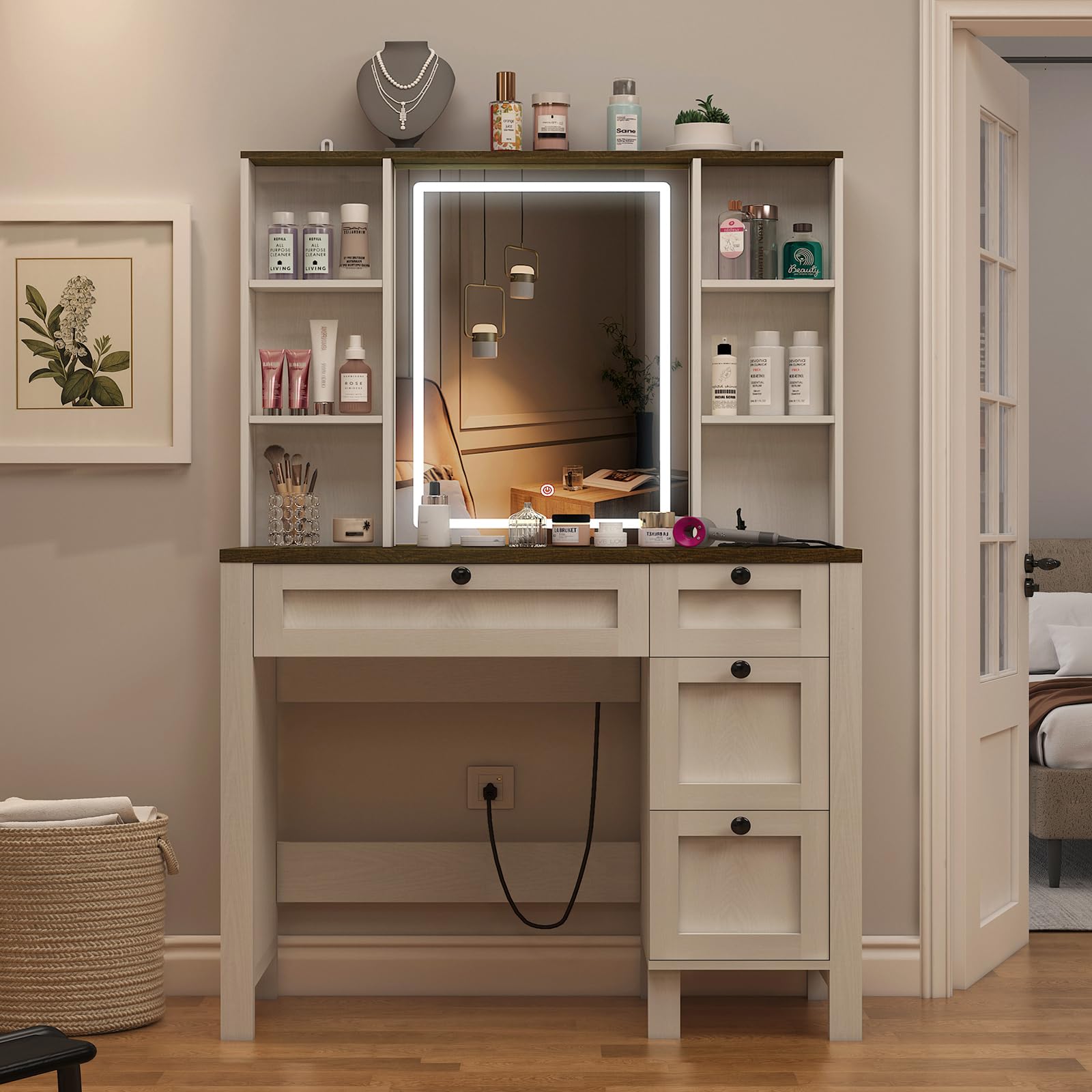 Antique White Vanity Desk with Mirror, Lights & Power Outlet - Makeup Vanity Set with Glass Tabletop, 4 Drawers & 6 Shelves - Perfect for Bedroom, Dressing Room & Beauty Salon Organization