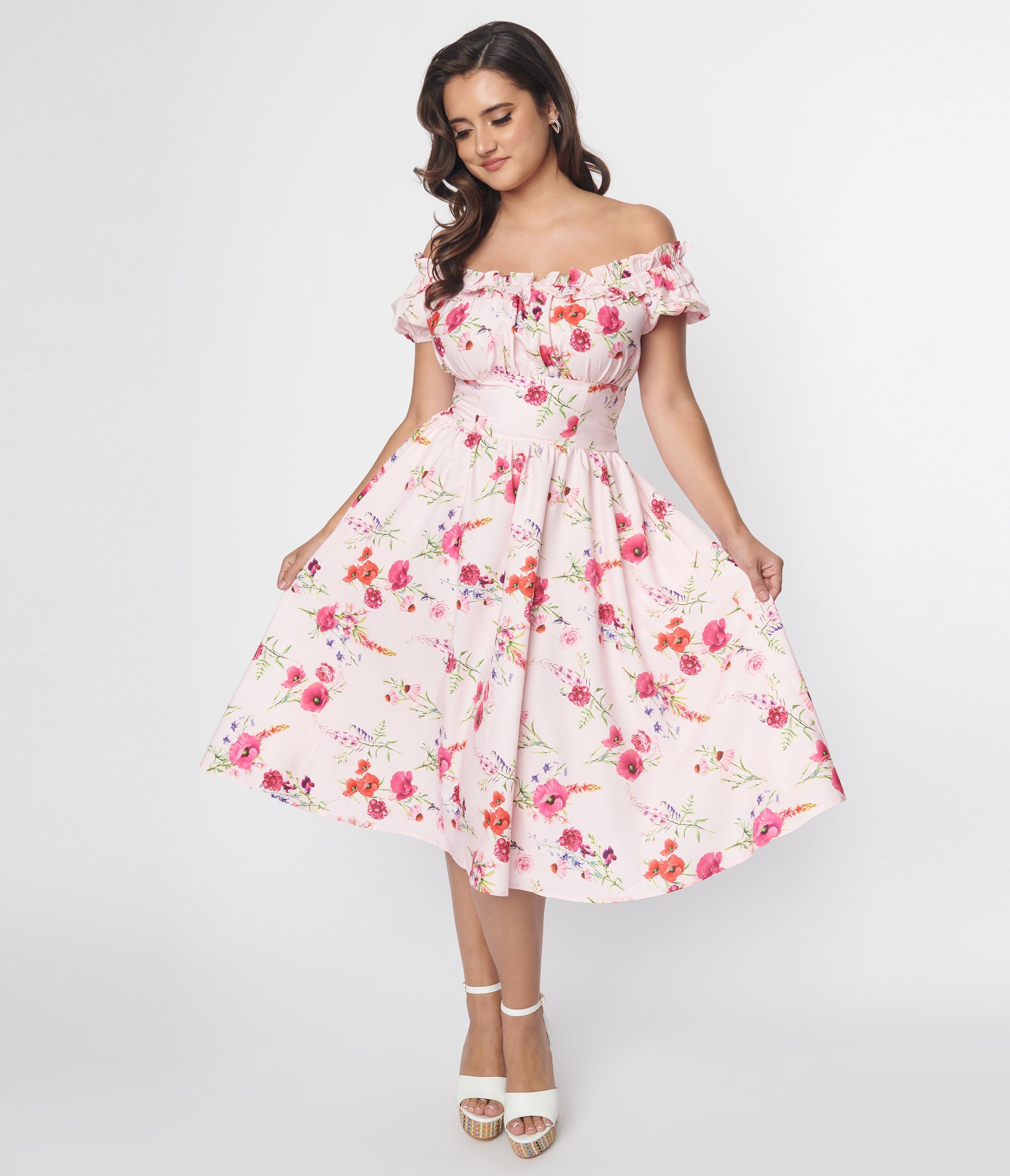 Vintage 1950s Pink Floral Off Shoulder Ruffle Swing Dress - Retro Pinup Style for Parties, Weddings & Special Occasions
