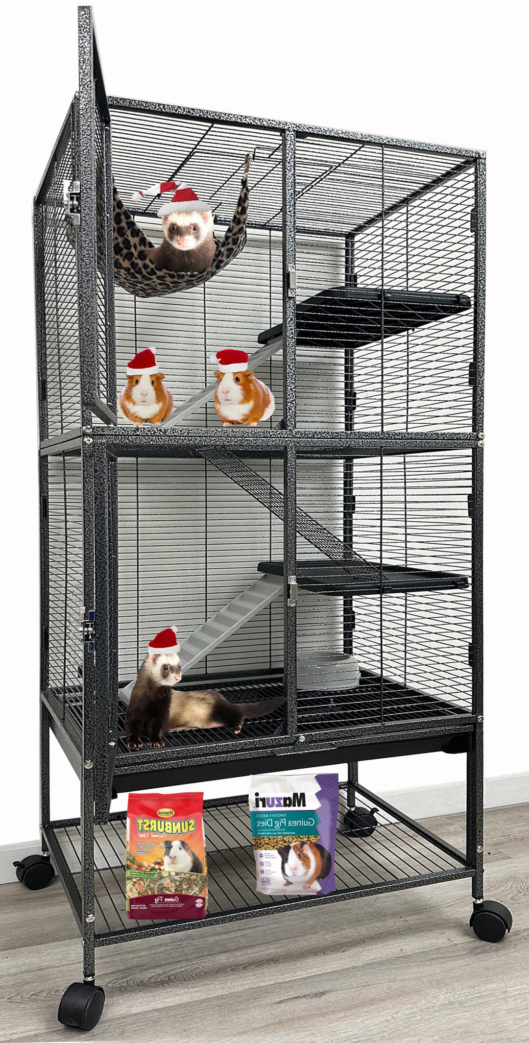 Large 2-Story 4-Tier Small Animal Cage with 1/2-Inch Bar Spacing - Secure Habitat for Ferrets, Chinchillas, Rats, Hamsters & Gerbils - Perfect for Playtime, Sleeping & Exercise in Home or Office