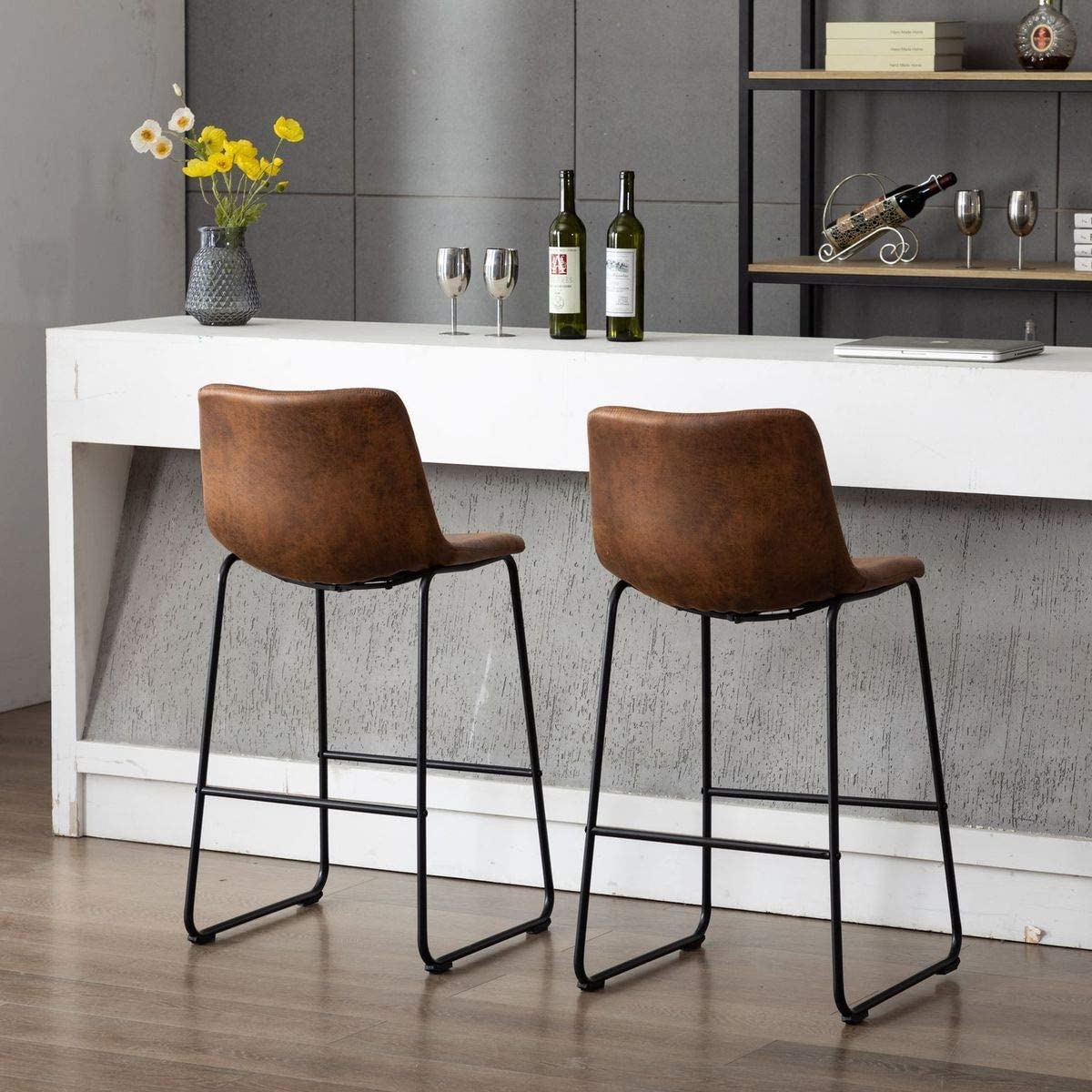 Vanity Art Set of 2 Synthetic Leather Barstools - Armless Upholstered Dining Chairs with Sturdy Metal Legs, Brown (UC-13HBRN) - Perfect for Kitchen Islands, Breakfast Bars & Small Space Dining