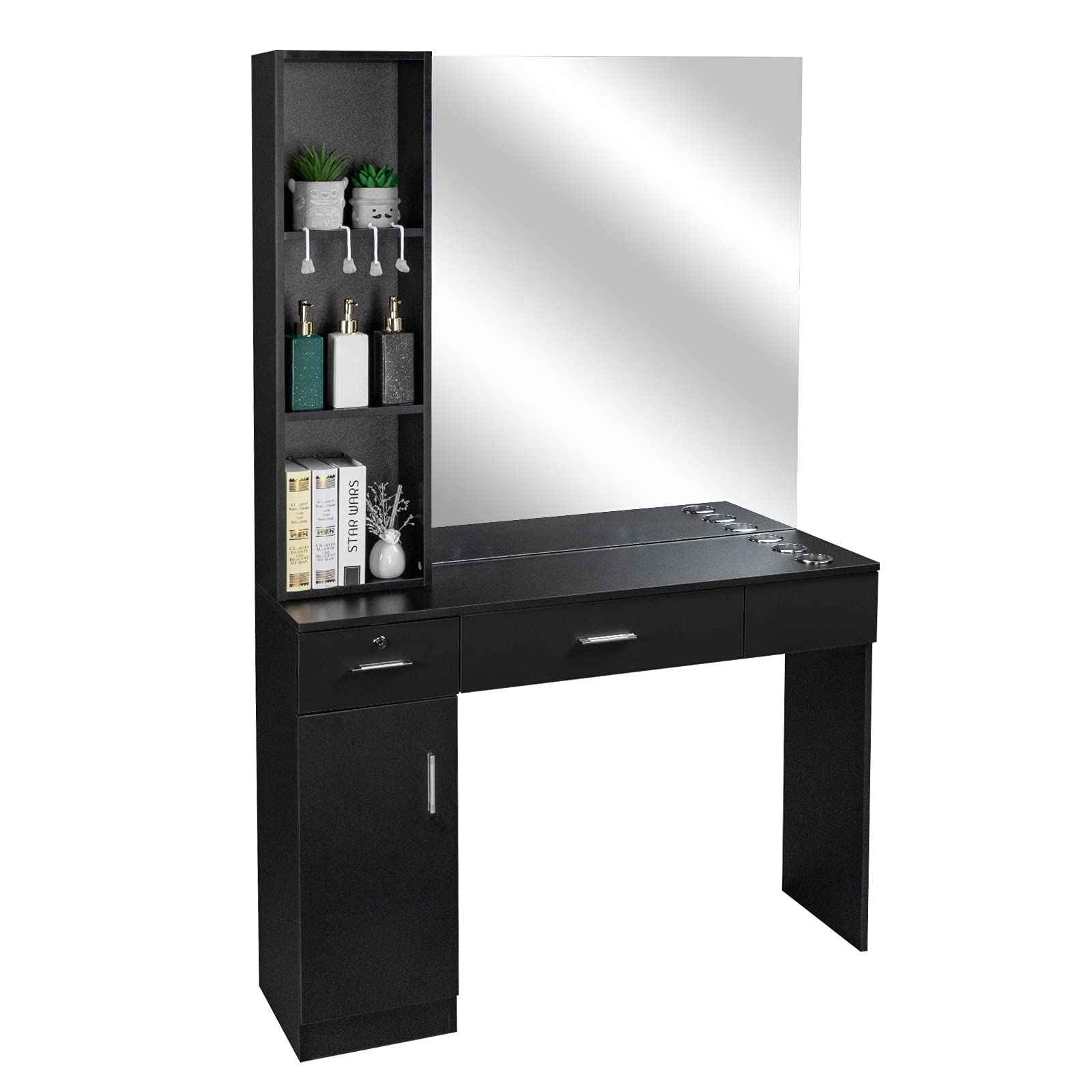 OmySalon Professional Barber Station with Wall Mount Mirror - 3 Hair Dryer Holders, 2 Drawers & Storage Cabinet for Salon & Home Use - Black Beauty Spa Equipment for Hair Stylists & Barbers