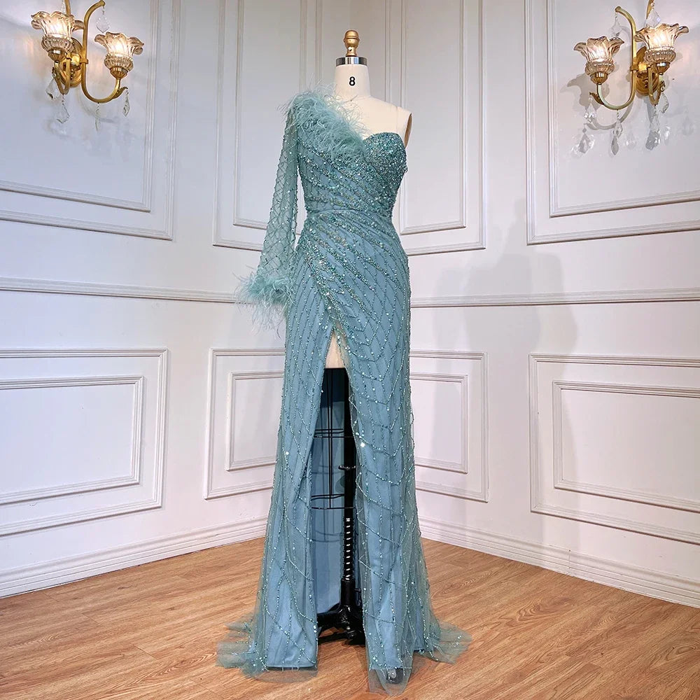 Elegant Blue One Shoulder Mermaid Evening Dress with Beaded Feather Details - Luxury Women's Formal Gown for Prom, Wedding & Special Occasions - Serene Hill Collection LA71612
