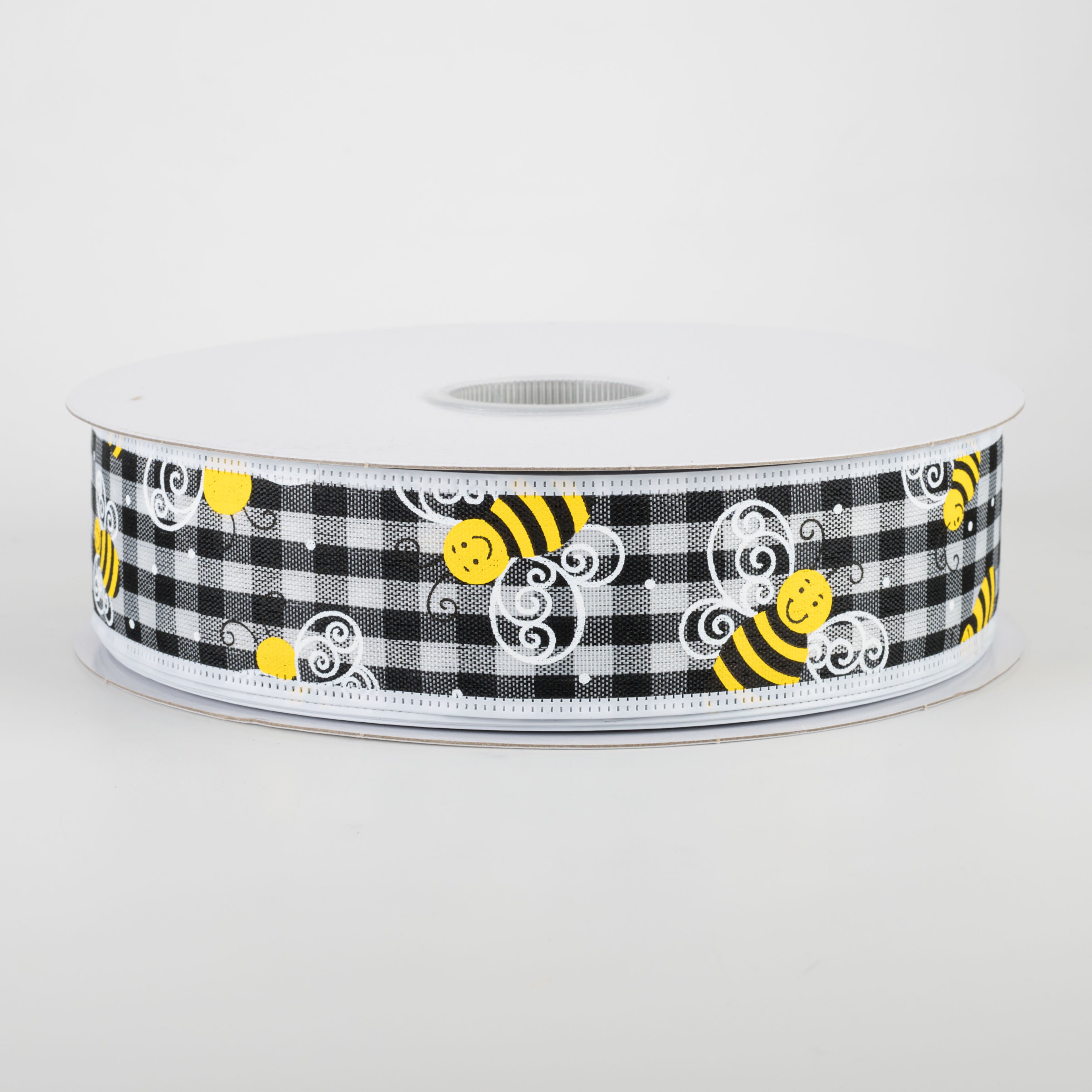 1.5 Inch Gingham Bee Print Ribbon with White Edge - 50 Yards Bulk Roll for Gift Wrapping, DIY Crafts, and Party Decorations