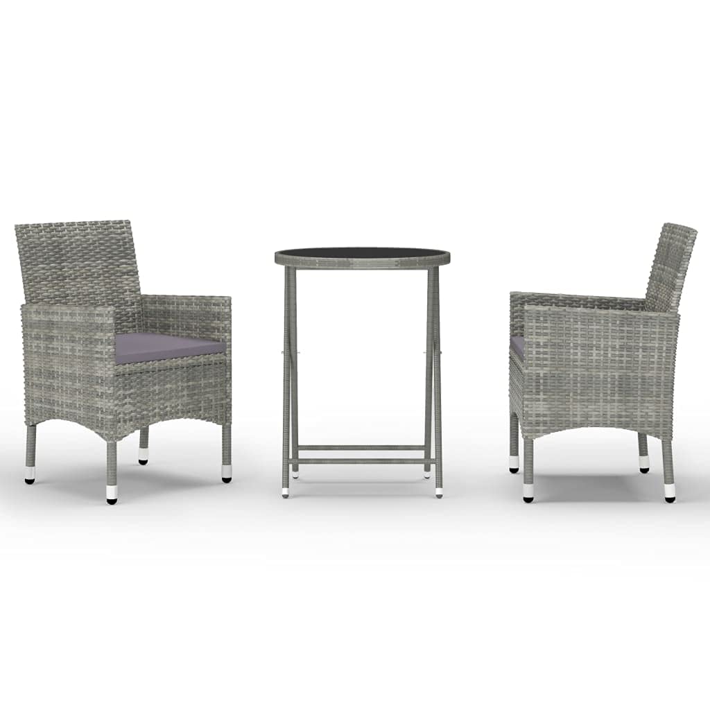 Aisifx 3-Piece Outdoor Bistro Set - Gray Poly Rattan with Tempered Glass Table - Perfect for Patio, Garden, Balcony or Poolside Dining