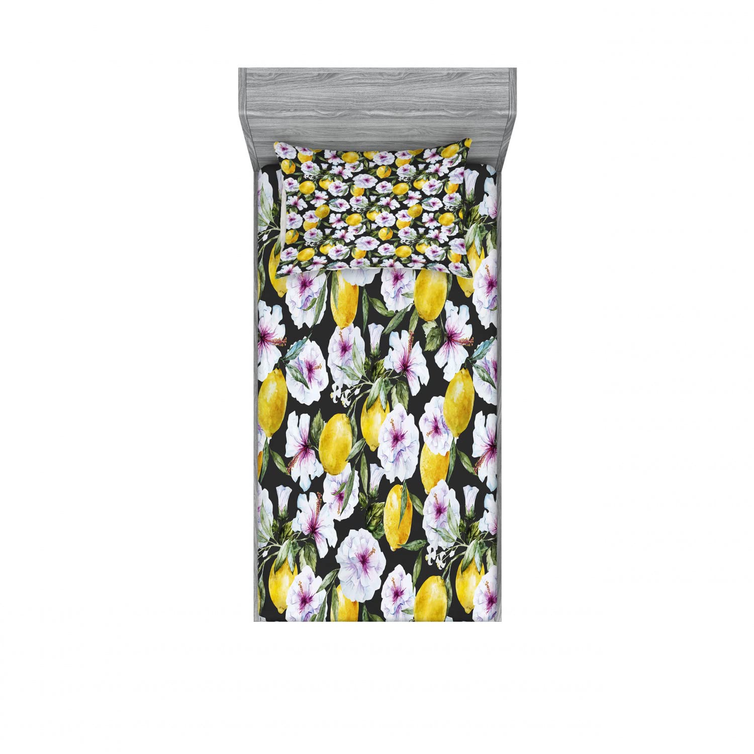 Ambesonne Tropical 2-Pack Twin XL Fitted Sheet & Pillow Sham Set - Hibiscus & Lemon Floral Print, 4-Piece Bedding Decor (2 Fitted Sheets + 2 Pillow Covers) | Vibrant Multicolor Design for Beach House, Guest Room & Vacation Rental Decor