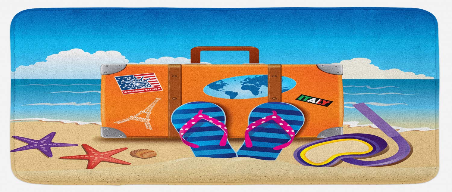 **Ambesonne Non-Slip Plush Kitchen Mat - Colorful Travel Suitcase & Snorkeling Design, 47