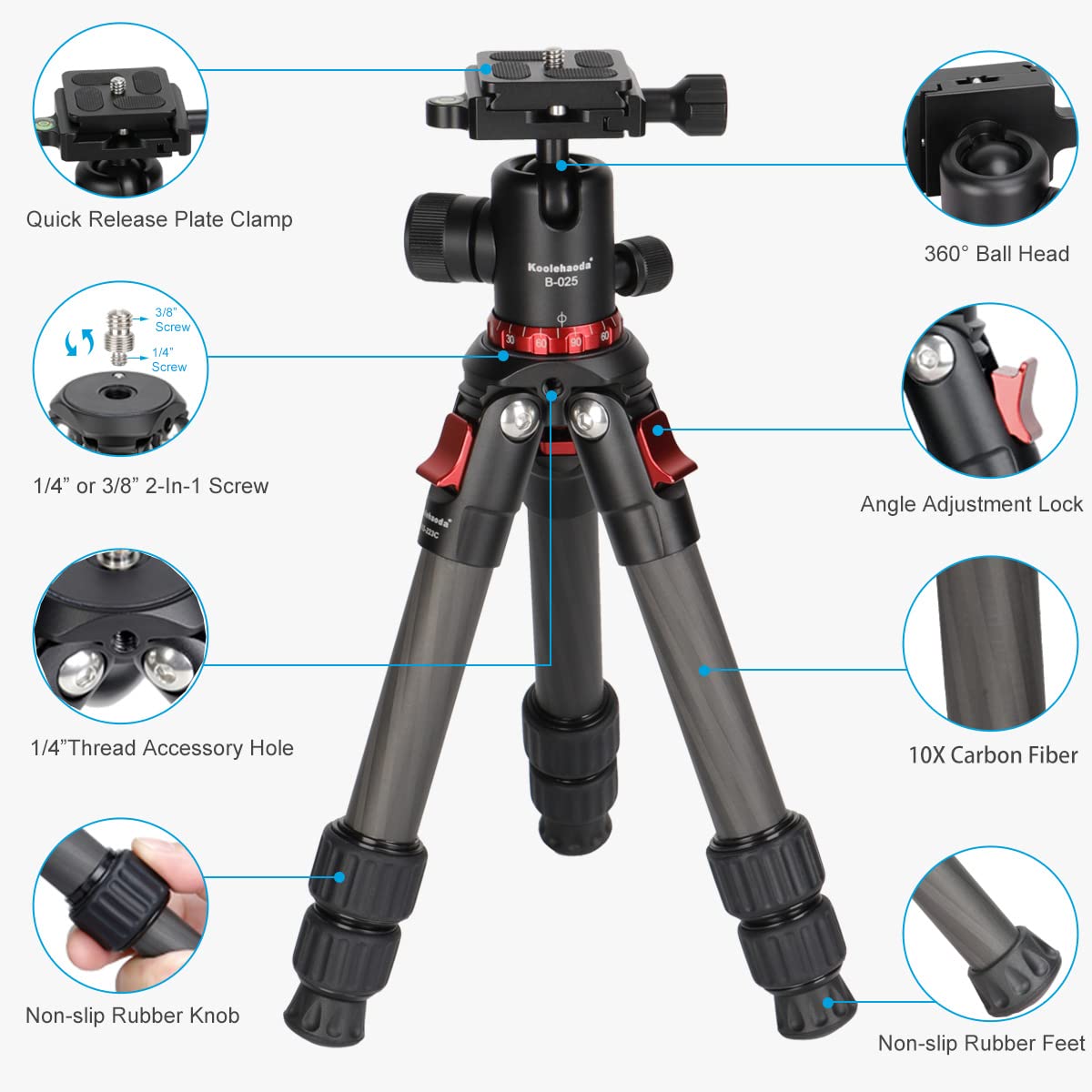 Koolehaoda Carbon Fiber Camera Tripod - Portable Compact Travel Tripod with 360° Ballhead, Mini Desktop Tripod for DSLR/Mirrorless Cameras (Max Load 22lbs/10kg) - Perfect for Travel, Vlogging & Outdoor Photography