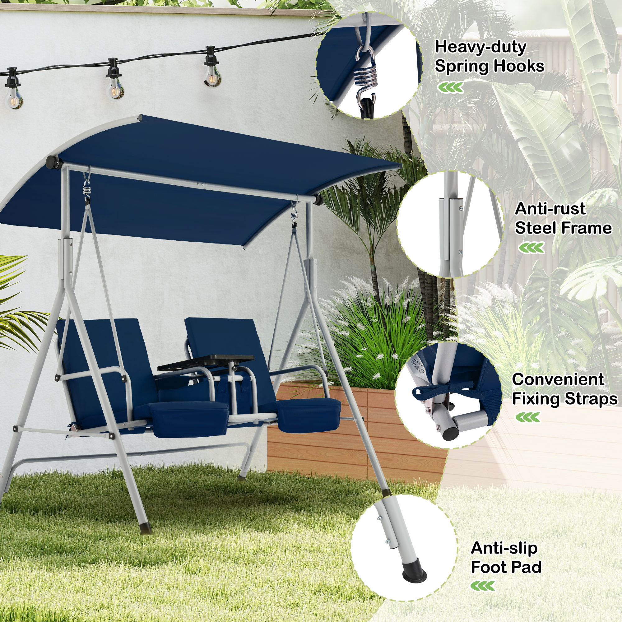 EROMMY 2 Person Outdoor Porch Swing with Canopy, Storage Table & Cooler Bag - Includes Comfortable Cushions - Navy Blue Patio Furniture for Backyard, Garden, Deck Relaxation