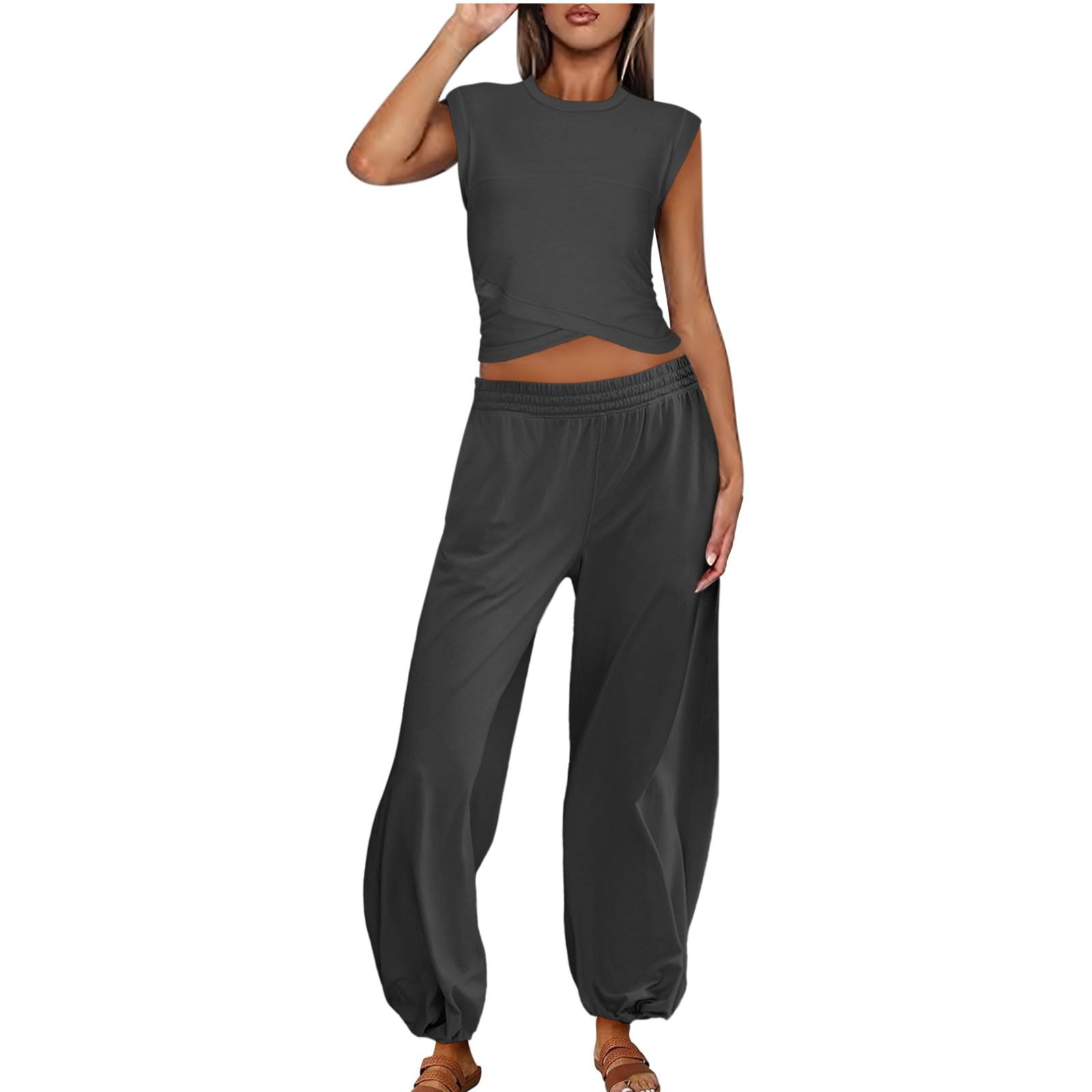 Women's 2-Piece Casual Lounge Set - Cropped Top & Sweatpants Tracksuit with Pockets, Solid Color Loose Athletic Outfit for Home, Yoga, Gym & Streetwear Fashion