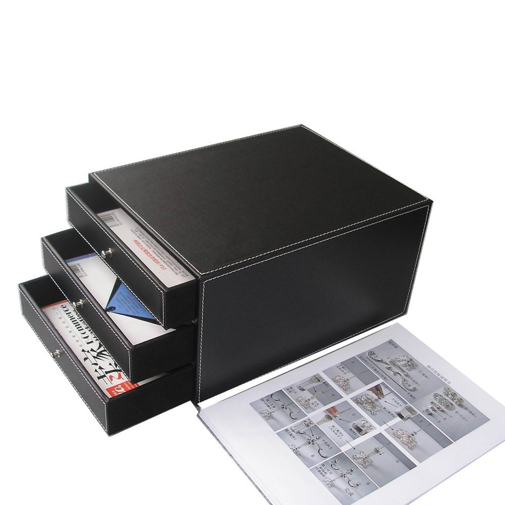 KINGFOM 3-Drawer Wooden File Cabinet - 3-Tier Leather Desk Organizer for Documents, Folders & Office Supplies - Black (Style B) - Perfect for Home Office, Study & Workspace Organization