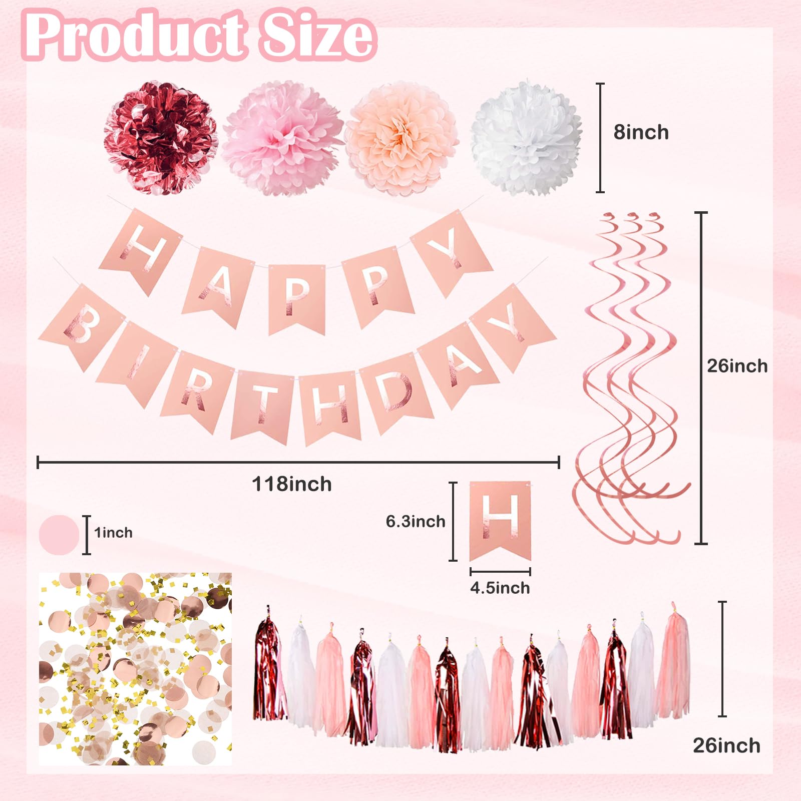 Elegant Rose Gold Birthday Decorations for Women - Happy Birthday Banner, Tissue Paper Pompoms, Hanging Swirls, Confetti & Tassels | Perfect for Women's Birthday Parties, Bridal Showers & Baby Showers