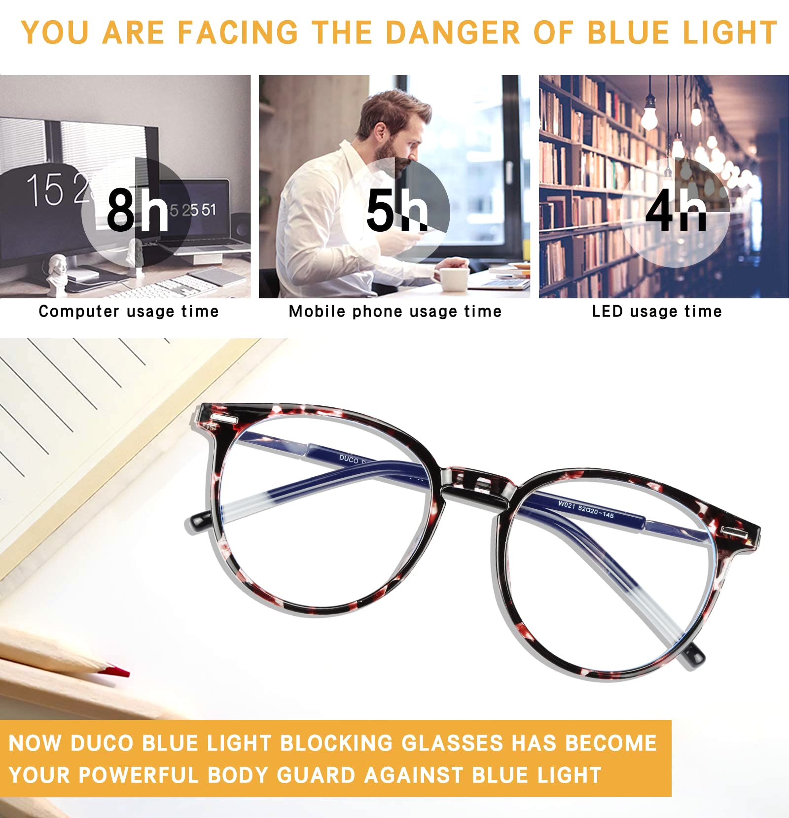 DUCO Retro Blue Light Blocking Glasses for Women & Men - Computer & Gaming Use