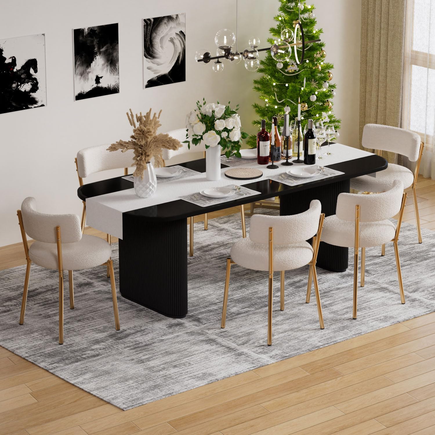 Modern Dining Chairs Set of 4 - Round Upholstered Boucle Sherpa Kitchen Chairs with Curved Backrest & Gold Metal Legs | Mid-Century White Dining Room Chairs for Home, Restaurant, Cafe & Office Use