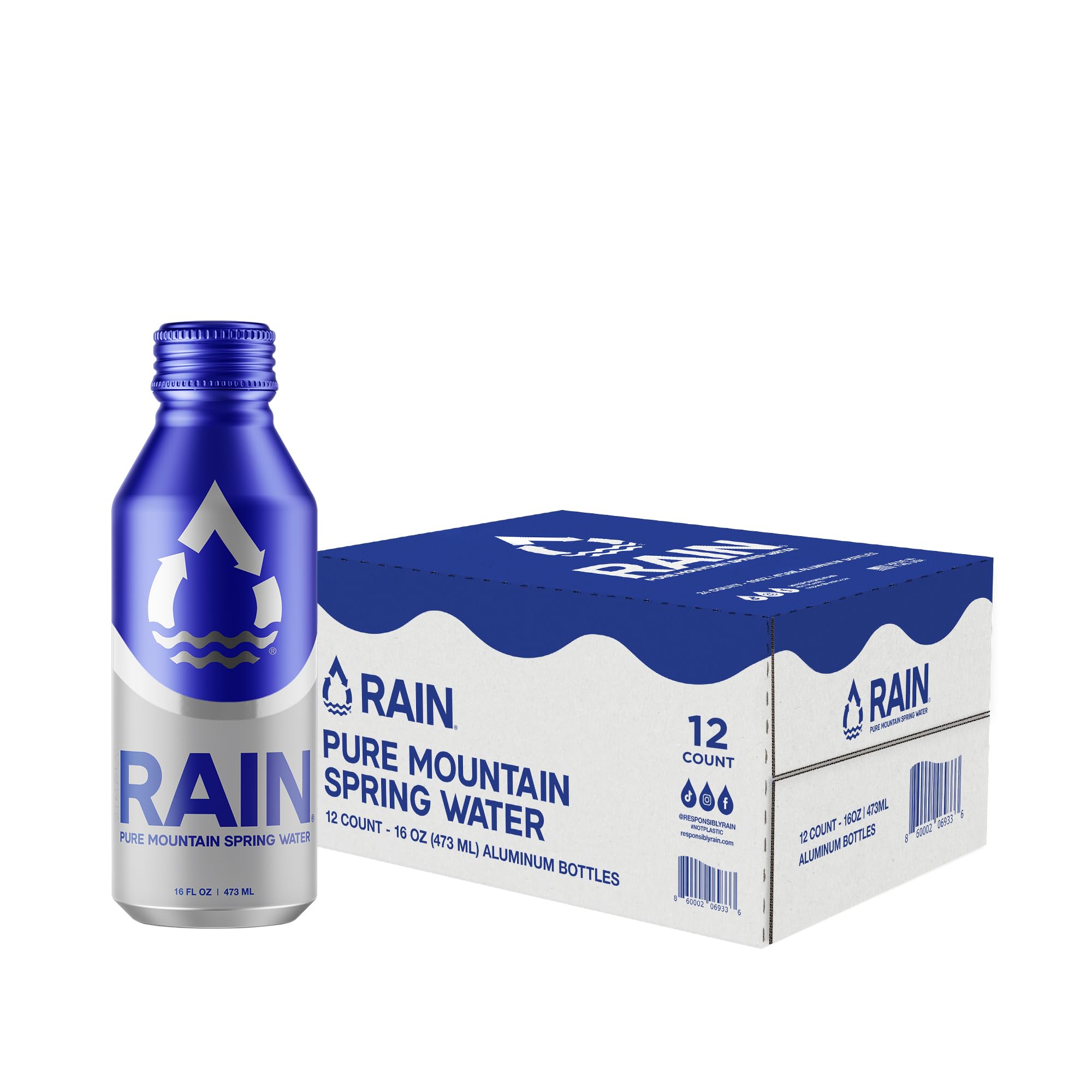 RAIN Natural Spring Water - 16 Oz (12 Pack) | Bottled at the Source | Eco-Friendly Aluminum Bottles | Plastic-Free & Recyclable | Perfect for Hiking, Camping & Outdoor Adventures