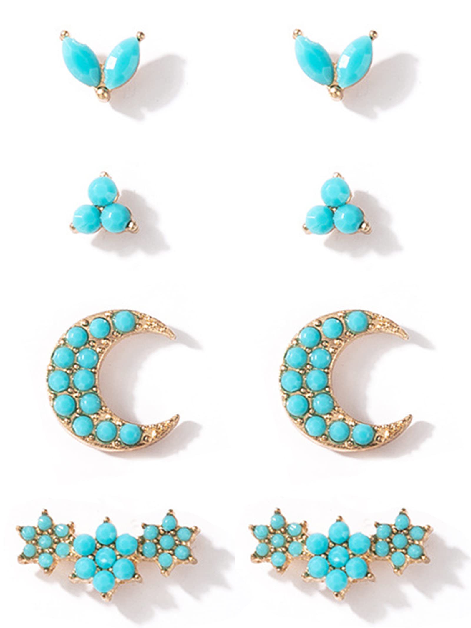 4 Pairs Turquoise Stud Earrings for Women - Green Moon Flower Earrings for Teen Girls - Dainty Small Stud Earrings Set - Perfect for Everyday Wear, Gifts & Special Occasions