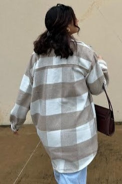 Soft Beige Plaid Brushed Long Shacket for Women - Cozy Oversized Button-Up Shirt Jacket for Fall & Winter Layering - Perfect for Casual Outfits, Workwear, and Outdoor Adventures