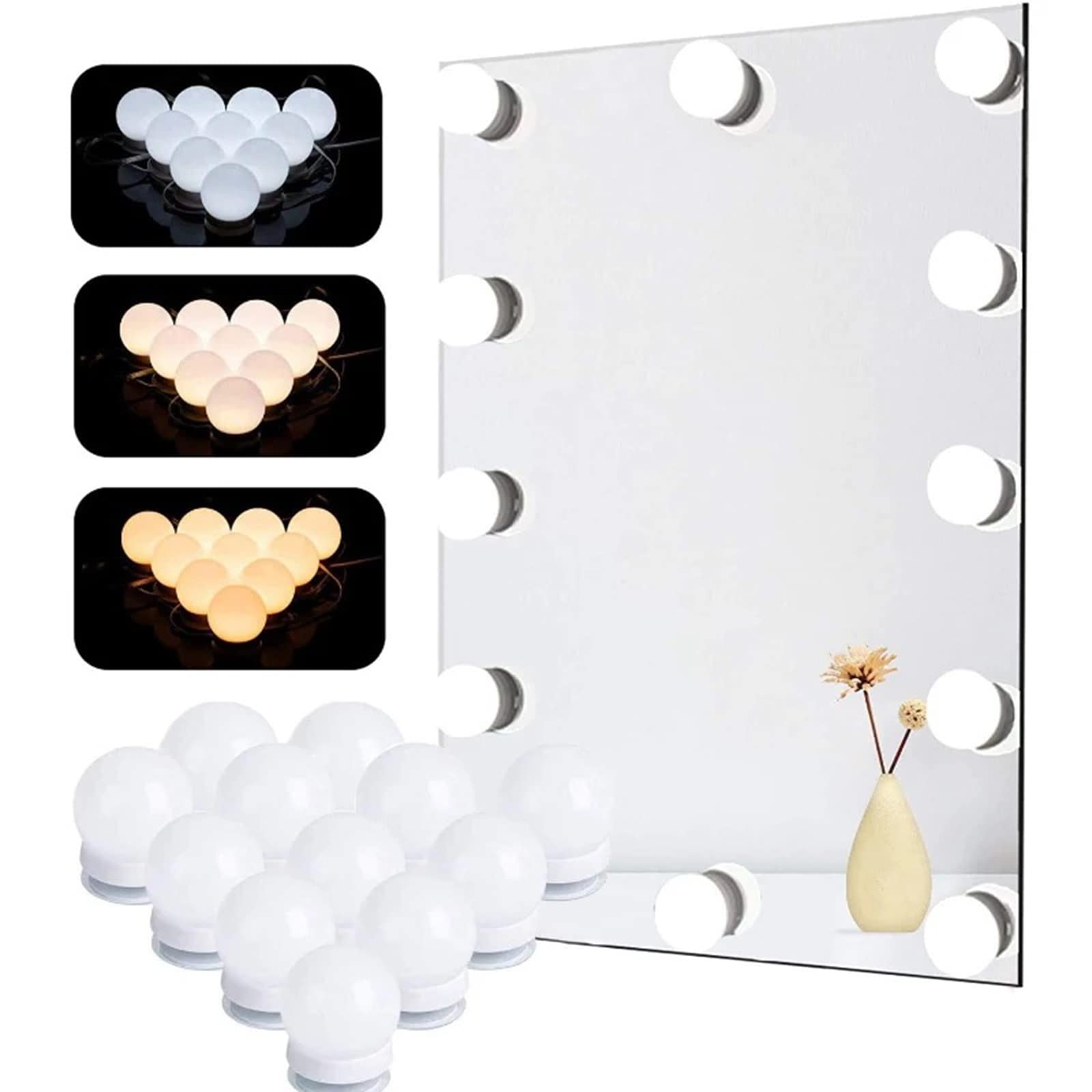 Hollywood Vanity Light Kit - 10 Dimmable LED Bulbs, 3 Color Modes for Bathroom Mirror Lighting