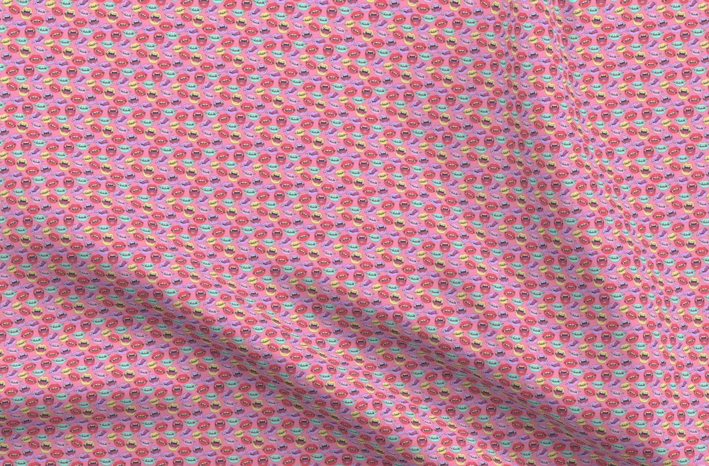 Vampire Lips Pink Small Pop Art Teeth Cute Candy Pattern Halloween Printed Petal Signature Cotton Fabric - Fat Quarter for Sewing, Quilting, Apparel, Crafts & Home Decor - Perfect for Halloween Costumes, DIY Projects & Gift Making