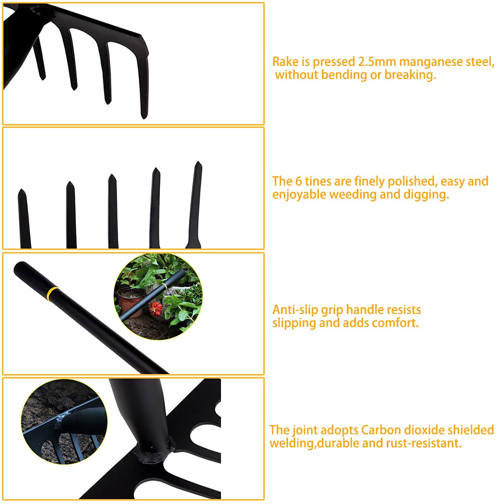 6-Tine Manganese Steel Garden Rake with Comfortable Grip - Durable Black Hand Rake & Small Tiller Tool for Weeding, Soil Aeration, and Garden Maintenance