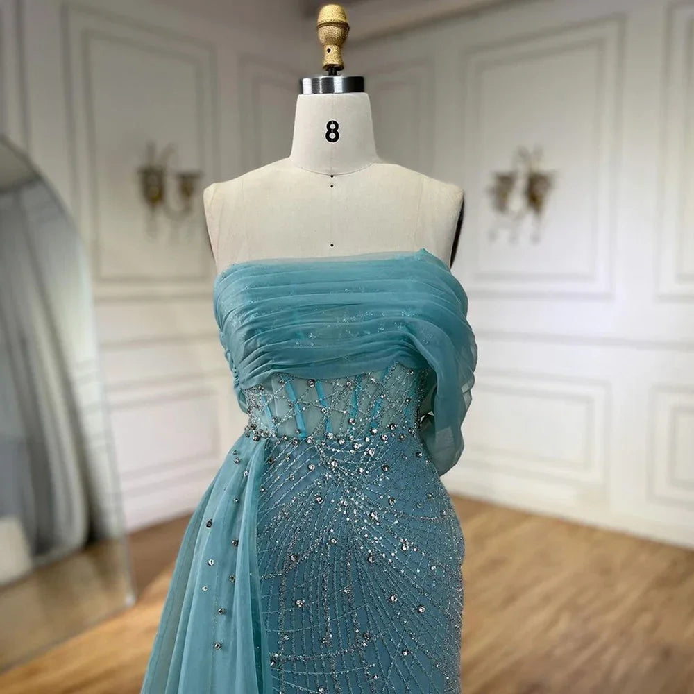 Serene Hill Turquoise Luxury One Shoulder Evening Dress with Side Train & Pearls - Women's Formal Wedding Party Gowns LA72523 | Perfect for Galas, Red Carpet Events & Bridal Showers