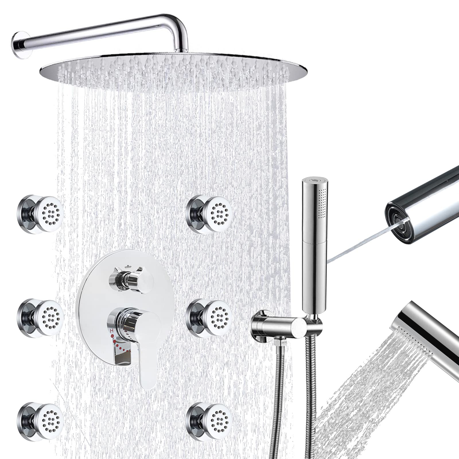 12 Inch Wall Mounted High-Pressure Round Rainfall Shower Head with Handheld and 6 Body Sprays - Polished Chrome Bathroom Shower System Combo Set with Rough-In Valve | Perfect for Spa-Like Experience in Master Bathrooms and Luxury Showers