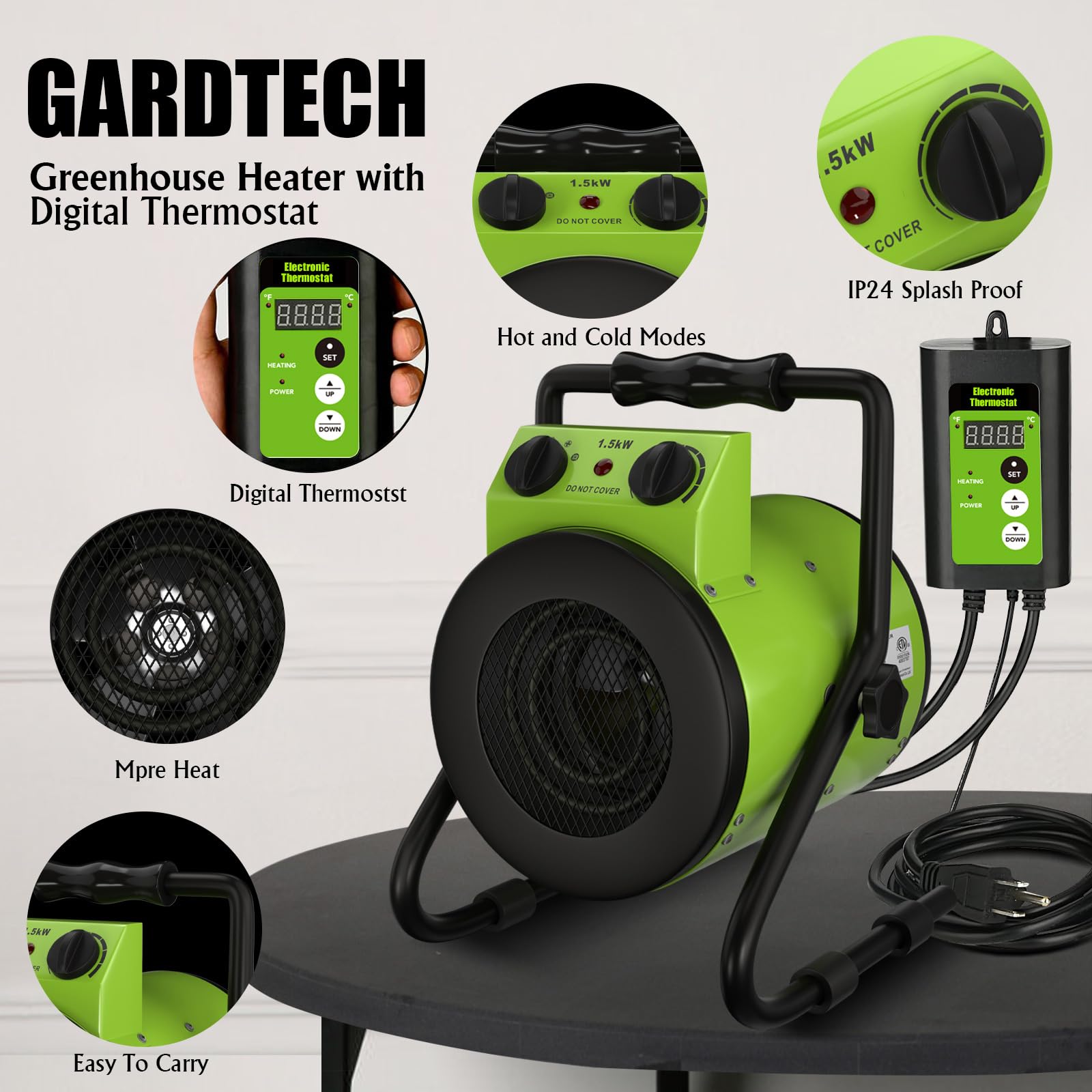 Gardtech 1500W Digital Greenhouse Heater with Thermostat - Portable Outdoor Grow Tent Heater with Overheat Protection & Strong Airflow - Fast Heating for Patio, Garage, Flower House, Greenhouses & Indoor Plants (Green) - Perfect for Winter Gardening, Plant Nurseries & Cold Weather Protection
