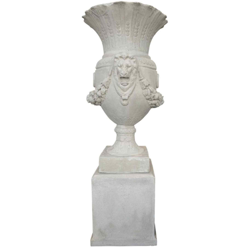 Patriarch Large Outdoor Urn on Plinth - French Lime Wash Finish | Classic Garden Decor for Porch, Patio & Landscape Design