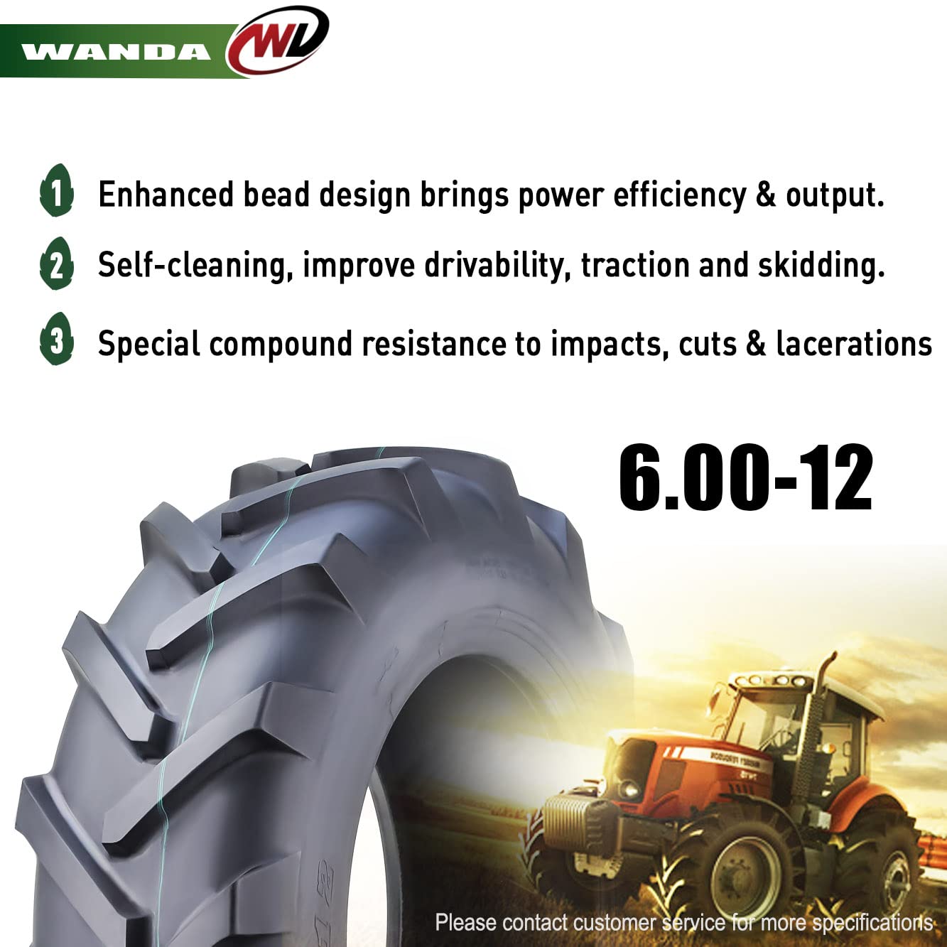 WANDA 6.00-12 Agricultural Tractor Tire R-1 Tread Pattern 6 Ply (16014) - Heavy Duty Farm Equipment Replacement for Tractors, Harvesters & Agricultural Machinery