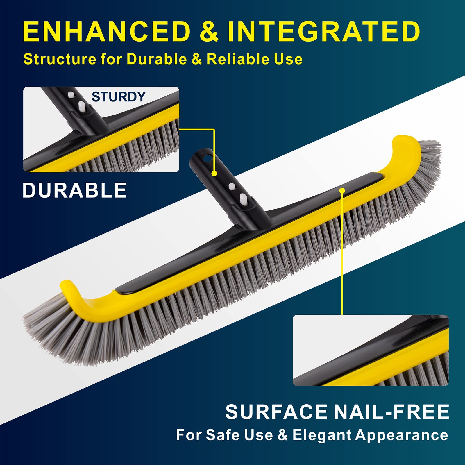 Heavy Duty Pool Brush with Aluminum Handle & Nylon Bristles - EZ Clip Design for Cleaning Pool Walls, Steps, Corners & Inground Pools - Perfect for Weekly Maintenance and Deep Cleaning