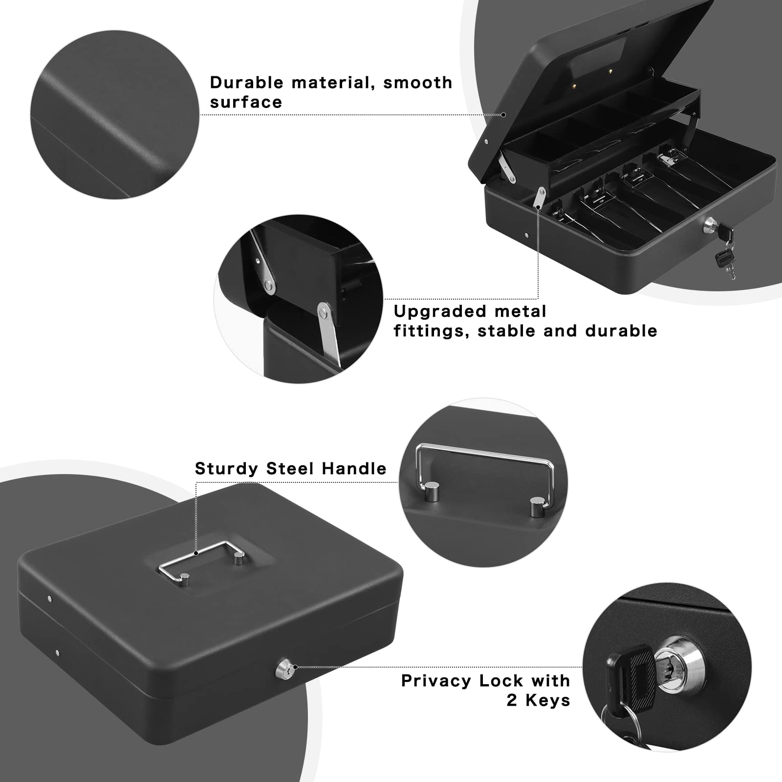 XYDLED Black Sand Grain Cash Box with Key Lock - Money Lock Box with 4 Bill & 5 Coin Slots, Tiered Cash Tray - 11.8