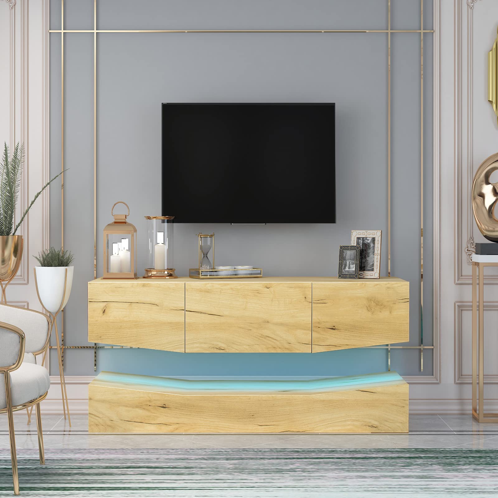 Tesmula MDF Wall-Mounted TV Stand with 3 Drawers & LED Lighting - Modern Oak Floating Media Console for Living Room, Bedroom, and Home Theater Setup