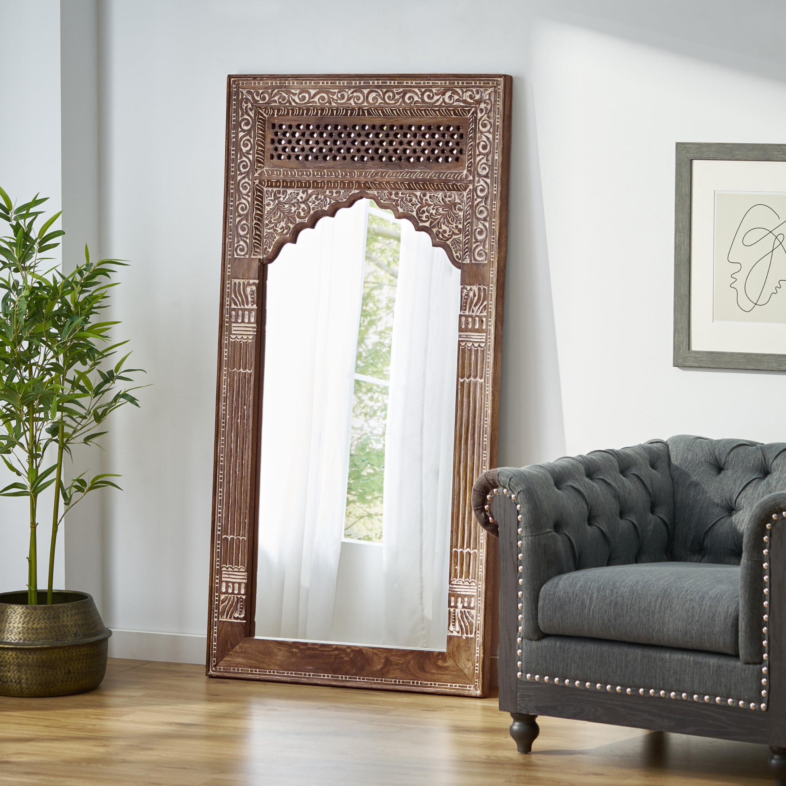 Christopher Knight Home Upsata Standing Mirror - White Washed & Clear Glass Full-Length Floor Mirror for Bedroom, Living Room, or Entryway Decor