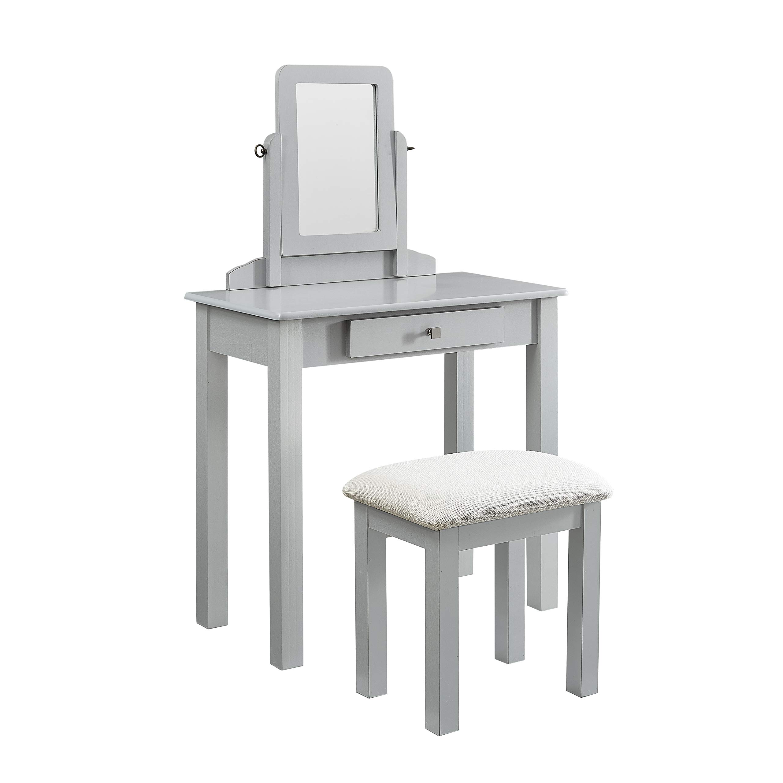 GTU Furniture Transitional Vanity Set with Mirror & Stool - Silver Finish | Elegant Dressing Table for Bedroom, Bathroom & Makeup Area | Perfect for Women's Beauty Routine & Home Decor