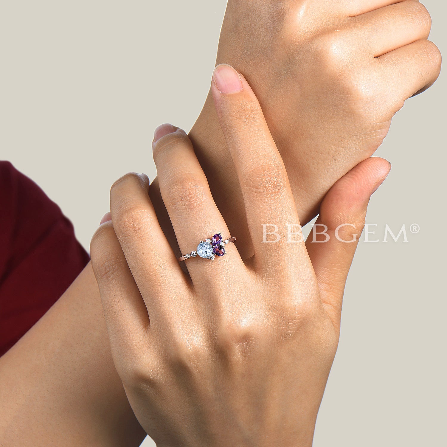 Natural Aquamarine & Amethyst Cluster Engagement Ring with Opal Accents - Elegant Multi-Stone Wedding Band for Brides, Promise Rings & Anniversary Gifts (Perfect for Proposals, Valentine's Day & Special Occasions)