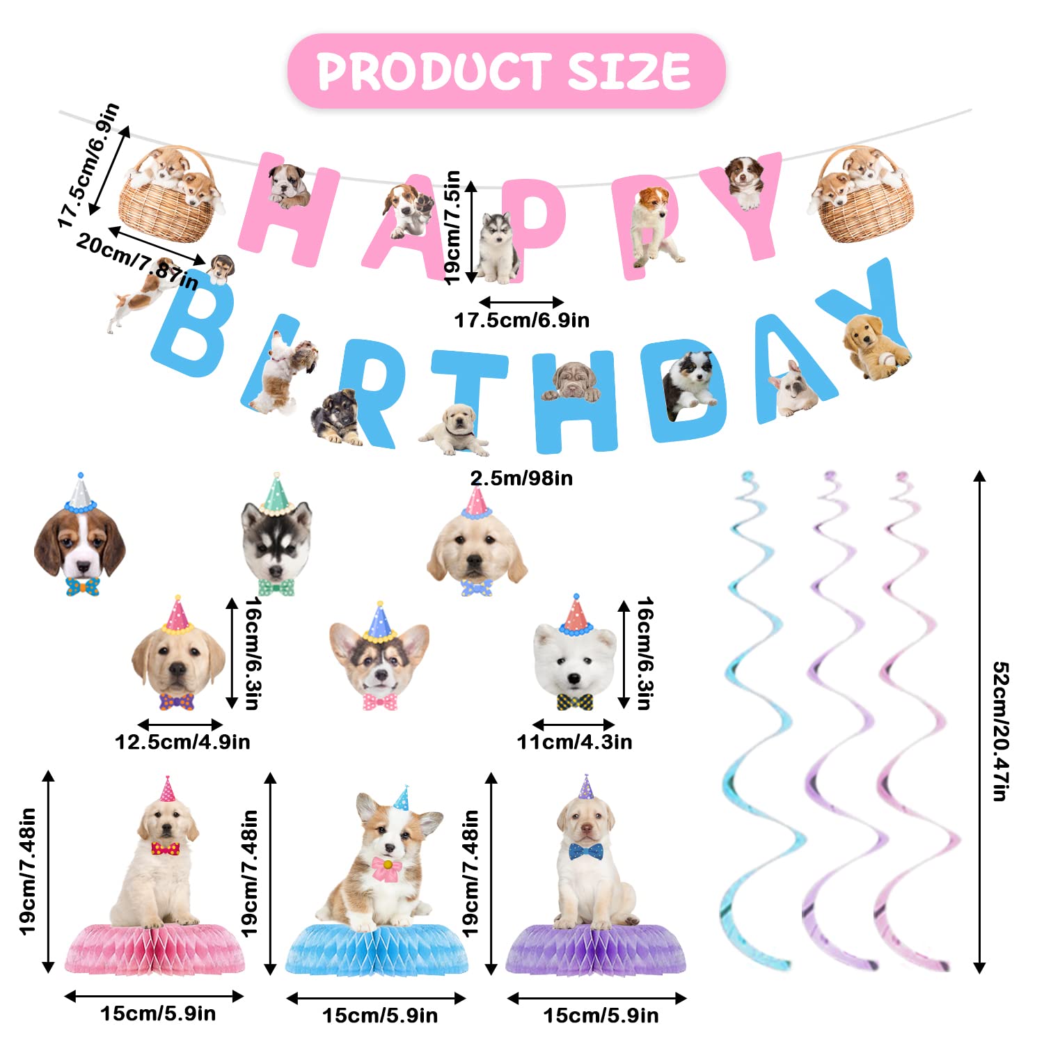 16 Pcs Dog Birthday Party Supplies Set - Includes Happy Birthday Banner, 6 Hanging Cutouts, 6 Swirl Decorations & 3 Honeycomb Centerpieces for Puppy Themed Party | Perfect for Dog Birthday Celebrations, Pet Adoption Events & Puppy Shower Decorations