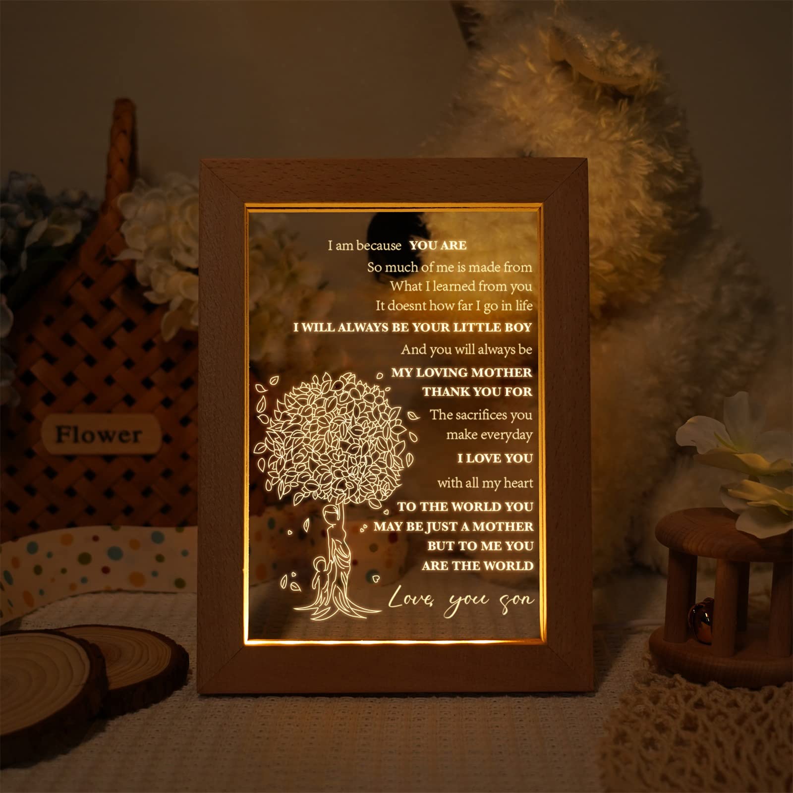 Personalized Acrylic Night Light - Custom Engraved Birthday Gift for Mom from Son, Thoughtful Mother's Day & Christmas Present, USB-Powered Low Energy Night Lamp (8.7
