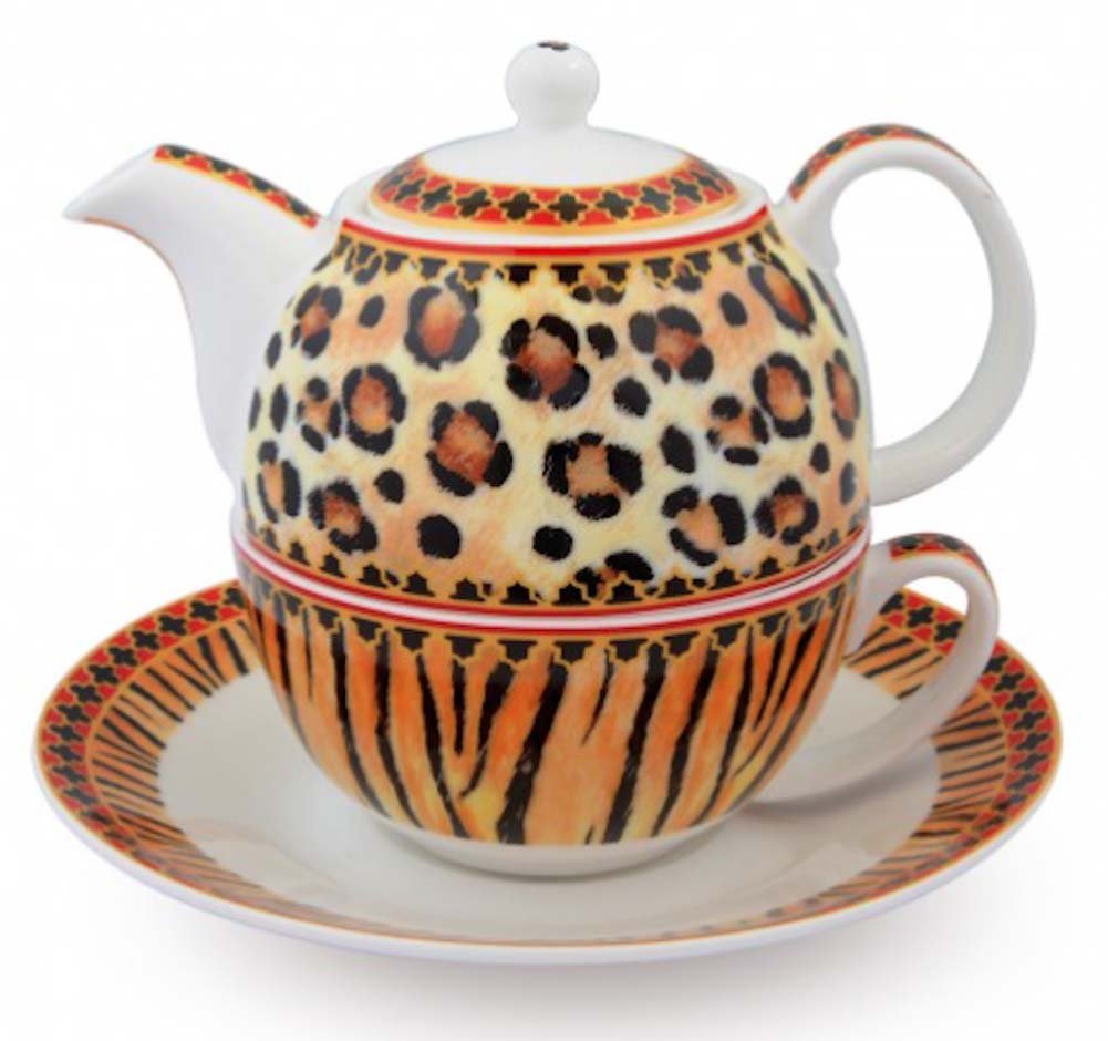 Halcyon Days Enamels Animal Print Tea For One Teapot - Elegant Porcelain Teapot with Lid & Cup Set - Perfect for Afternoon Tea, Gifts & Home Decor