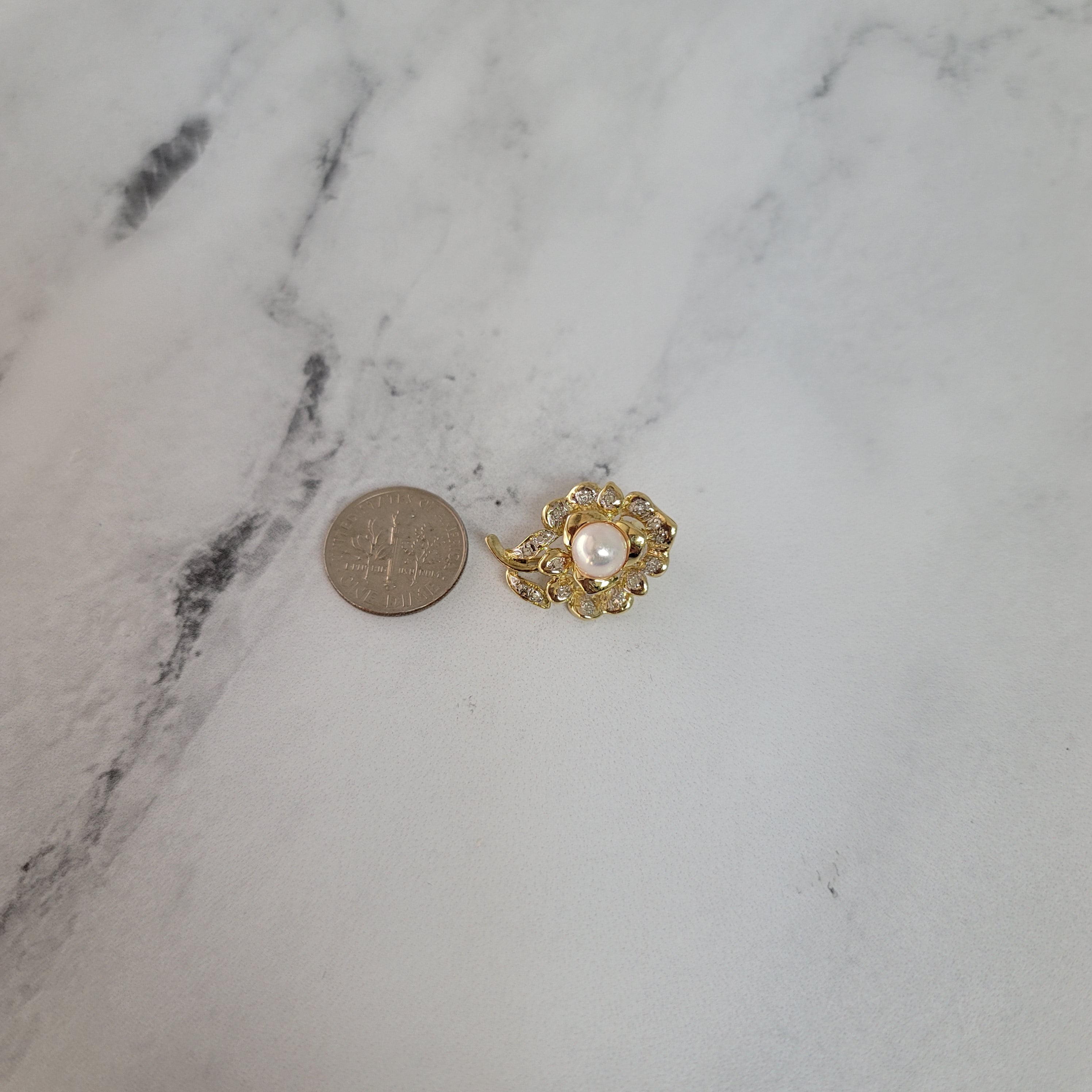 14K Yellow Gold Pearl & Diamond Pave Brooch - Elegant Jewelry Gift for Women, Perfect for Weddings, Anniversaries & Special Occasions