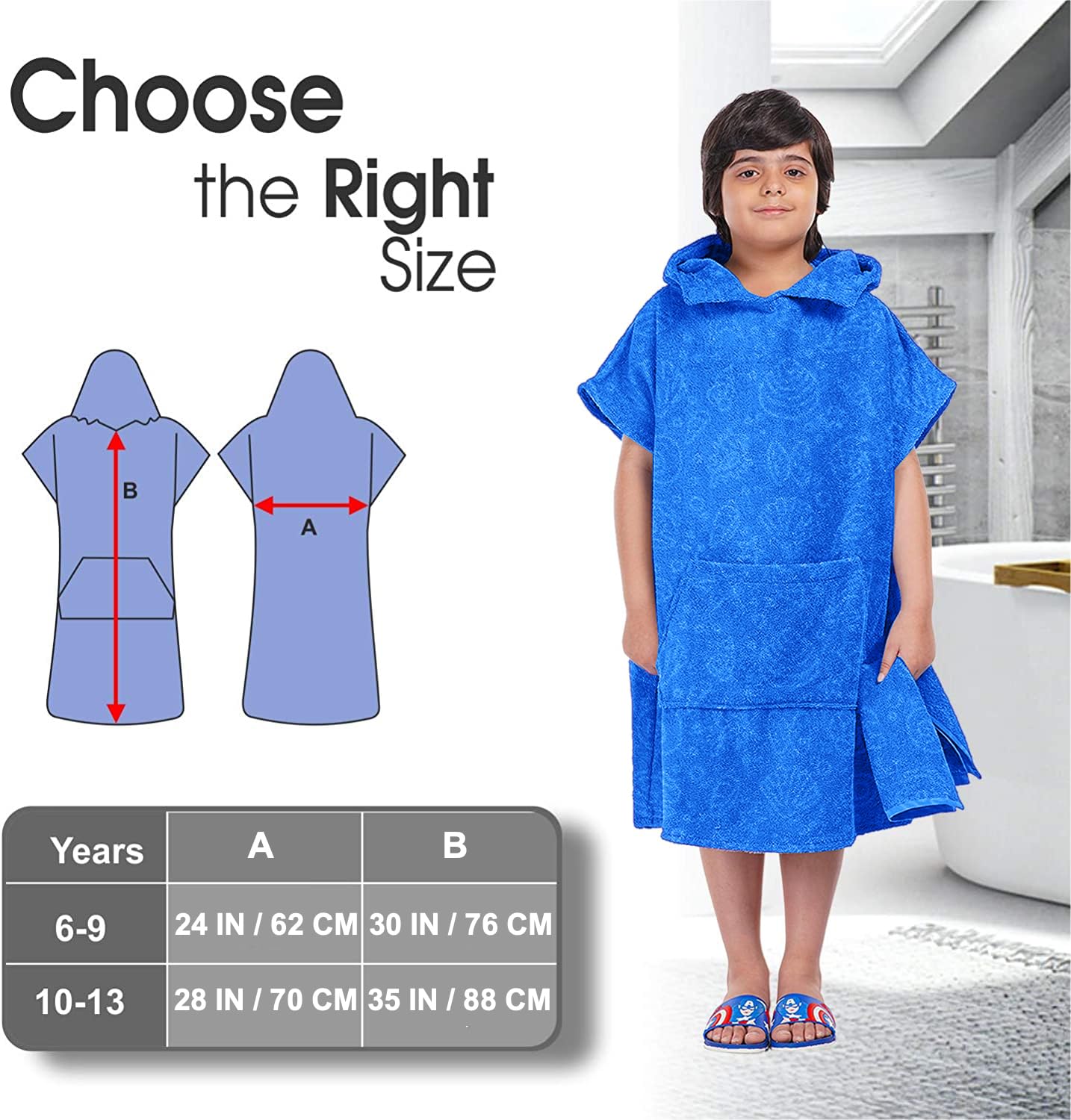 ALLEN & MATE Kids Swim Changing Robe - Quick Dry 100% Terry Cotton Beach Poncho Towel with Hood & Pocket for Boys & Girls - Perfect for Pool, Beach & Water Park Activities