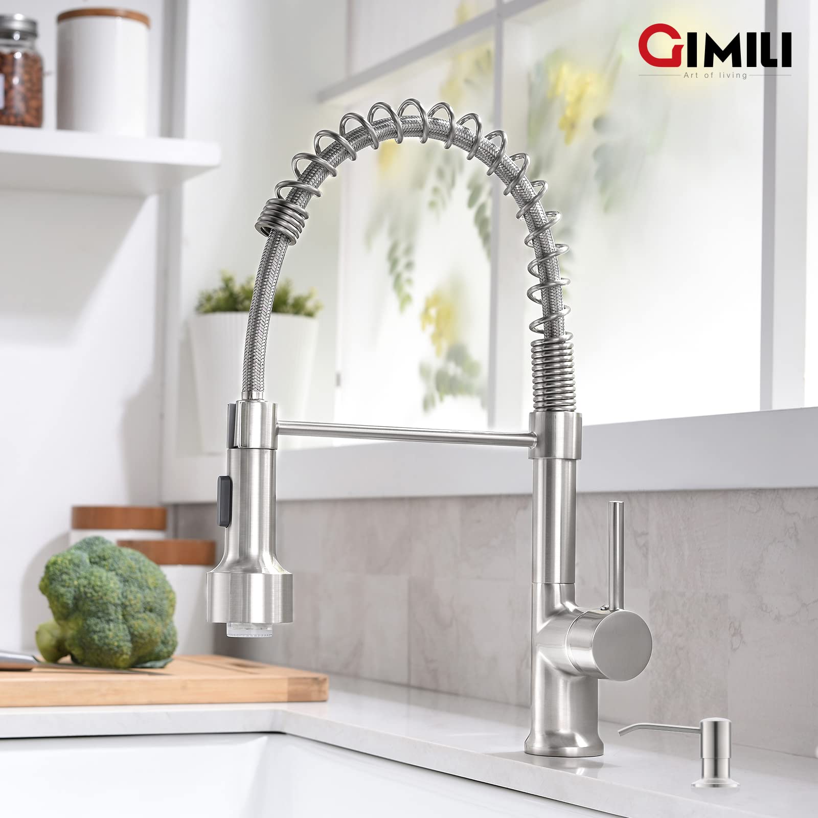 GIMILI Brushed Nickel Single Handle Pull Down Sprayer Kitchen Faucet with Soap Dispenser & LED Light - Modern Touchless Water Saving Design for Home Kitchen Sink