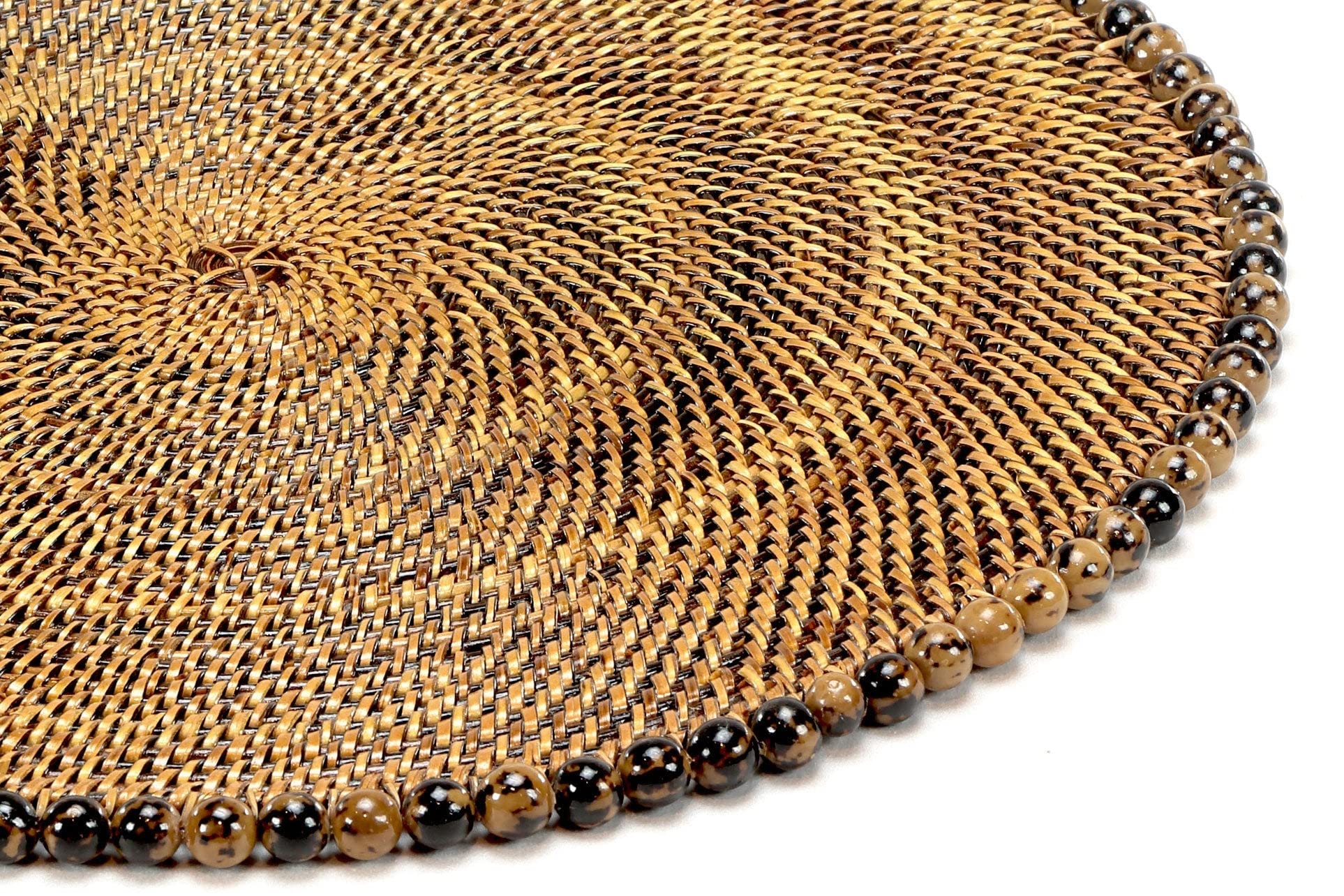 Round Rattan Placemat with Tortoise Beads - Natural Woven Table Mat for Dining, Kitchen Decor, and Party Settings