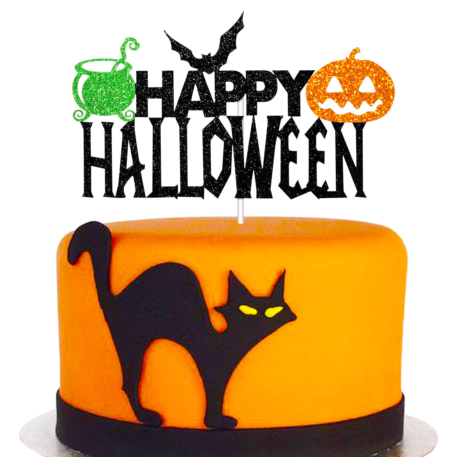 Happy Halloween Cake Topper - Bat & Pumpkin Medicine Jar Theme Party Decorations | Black Sparkle Cake Decor for Halloween Parties, Birthdays & Spooky Celebrations | Perfect for Cupcakes, Desserts & Halloween Table Centerpieces