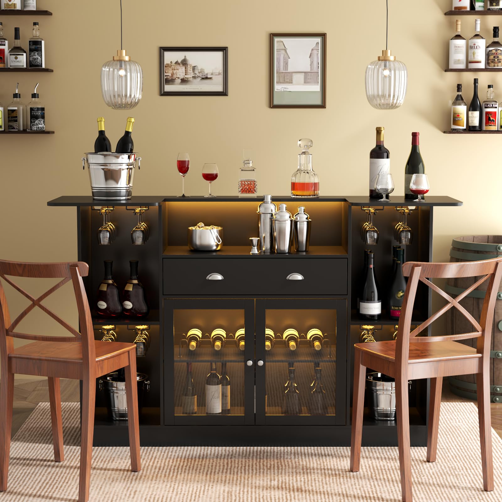 Premium Loomie LED Bar Table Cabinet with Drawer - 8-Tier Storage Mini Liquor Bar with Stemware Holder & Adjustable Wine Rack - Crescent Shaped Glass Door Counter for Home Pub, Kitchen, Living Room or Man Cave