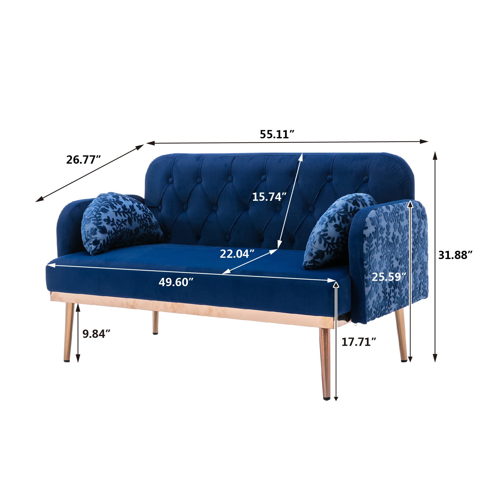 Velvet Accent Loveseat Sofa with Gold Legs & 2 Soft Pillows - Navy Blue Small Couch for Living Room, Bedroom, Apartment - Perfect for Cozy Seating & Home Decor